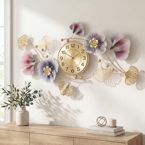 33" 3D Ginkgo Leaf Metal Wall Clock for Home Wall Decor by Axioglo
