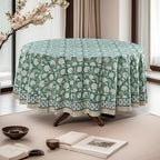 Ridhi Block Print Round Tablecloth Turquoise Moss Green 60 Inch 100% Cotton - Image 2