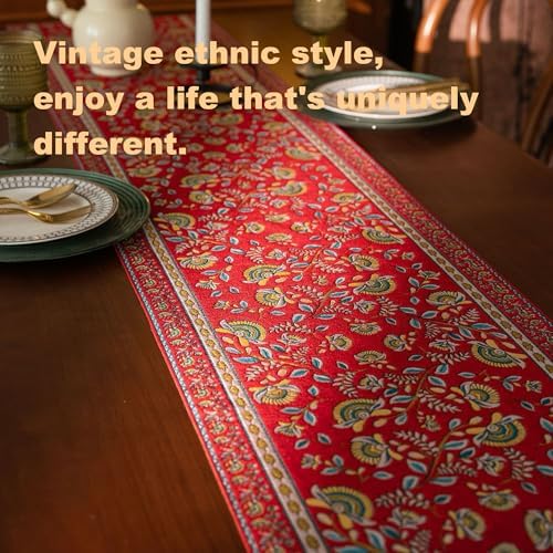 Spring Floral Table Runner 71in Long - Nordic Vine Red Embroidery Jacquard with Tassels, Elegant Easter & Mother's Day Decor for Farmhouse Dining Table, Wedding & Dresser (Vine Red, 13.7"x71") - Image 2