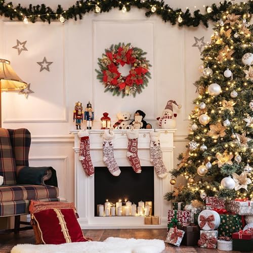 Christmas Wreaths for Front Door,Winter Wreaths for Indoor and Outdoor Christmas Decorations,Christmas Door Wreath with Red Christmas Flowers and Golden Ball,Pine Cones for Christmas Decor - Image 5