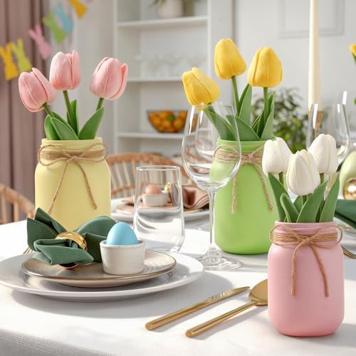 Lyrow 6 Pack Summer Centerpieces for Tables Mason Jar Flower Arrangements Artificial Tulips Farmhouse Table Decor for Home Kitchen Bedroom Outdoor Party Wedding Tiered Tray Decorations - Image 4