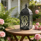 Vintage Metal Candle Lantern with Glass 17in Distressed Blue Rustic Large Farmhouse Hanging Candle Holder Lanterns for Indoor & Outdoor Front Porch Table Centerpiece Decor Black by Unknown