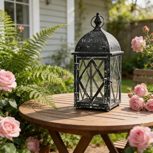 Vintage Metal Candle Lantern with Glass 17in Distressed Blue Rustic Large Farmhouse Hanging Candle Holder Lanterns for Indoor & Outdoor Front Porch Table Centerpiece Decor Black by Unknown