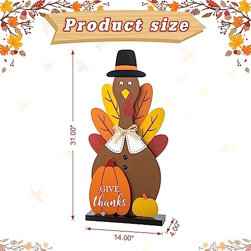 Glitzhome 31”H Thanksgiving Wooden Turkey Porch Sign, Fall Harvest Turkey Give Thanks Standing Decor, Rustic Welcome Sign Porch Sign for Thanksgiving Fall Harvest Autumn Yard Sign - Image 2