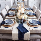 8 Set Boho Placemats with Table Runner, Scalloped Woven, Blue - Image 3