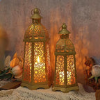 2 Pack Moroccan Lantern Lamp Decorative Candle Holders for Ramadan Decorations, Hanging, Outdoor Patio or Porch, Indoor Home Decor（Gold） by Degruand