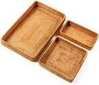 i-lan Rattan Serving Tray Set of 3, Rectangular Wicker Trays, Natural Brown by ilan