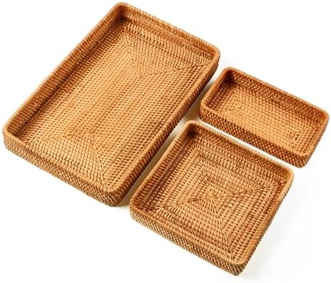 i-lan Rattan Serving Tray Set of 3, Rectangular Wicker Trays, Natural Brown by ilan