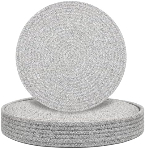 Round Placemats Set of 6 with Holder, Cotton Rope Woven Place Mats, Hot Pads for Kitchen, Heat Resistant Table Mats, 13 Inch Farmhouse Washable Braided Placemat for Kitchen Decor (Gray) by Welcometobuy