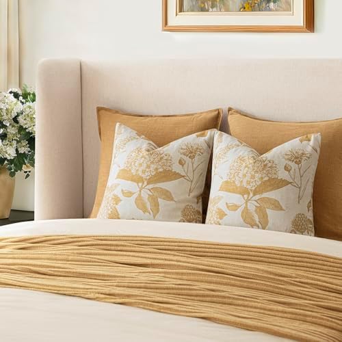 Foindtower Set of 2 Linen Floral Vintage Throw Pillow Covers Neutral Accent Print Decorative Cozy Cushion Covers Farmhouse Home Decor for Sofa Chair Couch Bed Living Room,22×22 Inch,Light Yellow - Image 7