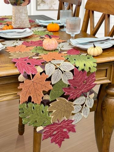 KEVA Fall Table Runner 90inches Long, Thanksgiving Harvest Cutwork Embroidered Table Runner 13in x 90in, Autumn Maple Leaves Table Decoration for Home Dining Kitchen Table - Image 7