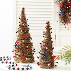 Glitzhome Set of 2 Patriotic Table Tree 4 of July Tabletop Centerpiece Artificial Rattan Stars& Berry Cone Table Tree Decoration for Memorial Day Home Office Table Shelf - Image 7