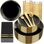 NOCCUR 350PCS Black and Gold Plastic Plates - Black Disposable Dinnerware Set for 50 Guests, 100 Dinner/Dessert Plates, 150 Gold Silverware, 50 Cups&50 Napkins for Party/Birthday/Halloween by NOCCUR