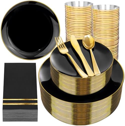 NOCCUR 350PCS Black and Gold Plastic Plates - Black Disposable Dinnerware Set for 50 Guests, 100 Dinner/Dessert Plates, 150 Gold Silverware, 50 Cups&50 Napkins for Party/Birthday/Halloween by NOCCUR