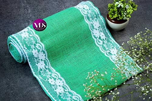 VDS Pack of 25, Burlap Table Runner with White Lace Edge, 100% Natural Jute Rustic Hessian Table Cloth Centerpiece for Wedding Birthday Party Banquet Table Decoration (Size 12X108 Inch)(Mint) - Image 6