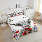 Highland Cow Comforter Set King, Red Poppy Floral Bedding Set for Teens Boys Girls Adult, Hummingbird Western Funny Animals Quilt Set Cattle Bull Cattle Wild Animals Farmhouse Down Comforter - Image 3