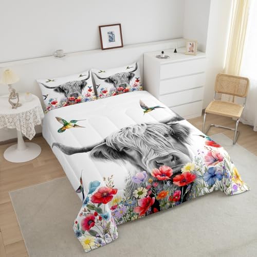 Highland Cow Comforter Set King, Red Poppy Floral Bedding Set for Teens Boys Girls Adult, Hummingbird Western Funny Animals Quilt Set Cattle Bull Cattle Wild Animals Farmhouse Down Comforter - Image 3