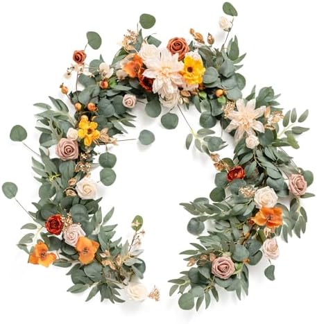 Ling's moment Flower Garland, 6FT Eucalyptus & Rose Terracotta & Orange 02 by LingsMoment
