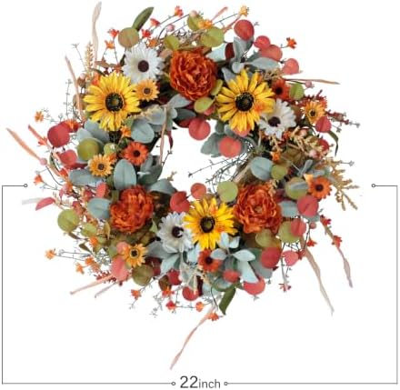 TEMPUS 22 inch Artificial Autumn Peony Daisy Wreath Multiple Leaf Wreath for Front Door Harvest Festival Window Wedding Autumn Outdoor Indoor Decoration - Image 3