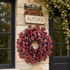 26" Artificial Hibiscus Leaves Fall Wreath for Front Door Decor(Autumn Red) - Image 2