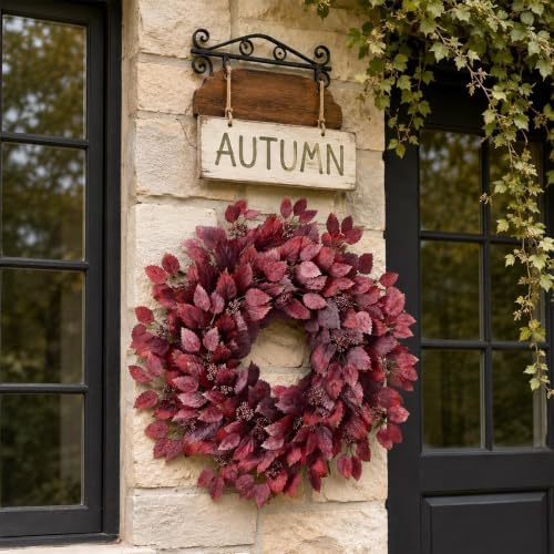 26" Artificial Hibiscus Leaves Fall Wreath for Front Door Decor(Autumn Red) - Image 2