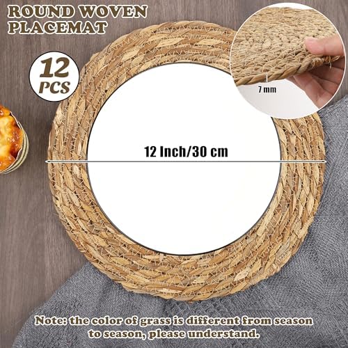 Kochorie Set of 12 Round Woven Placemats 12 Inches Bulrush Placemats Natural Hand-Woven Boho Rattan Placemats Wicker Table Mats Farmhouse Weave Place Mats for Home Dining Table - Image 2