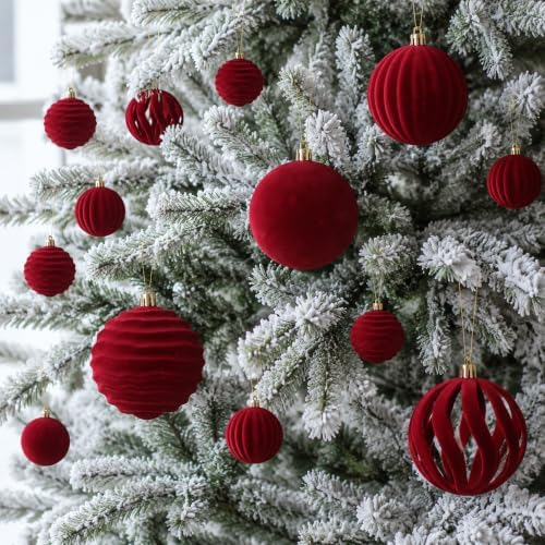 4In Red Velvet Christmas Ornaments Set,9pcs Burgundy Flocked Ornaments Ball - Image 6