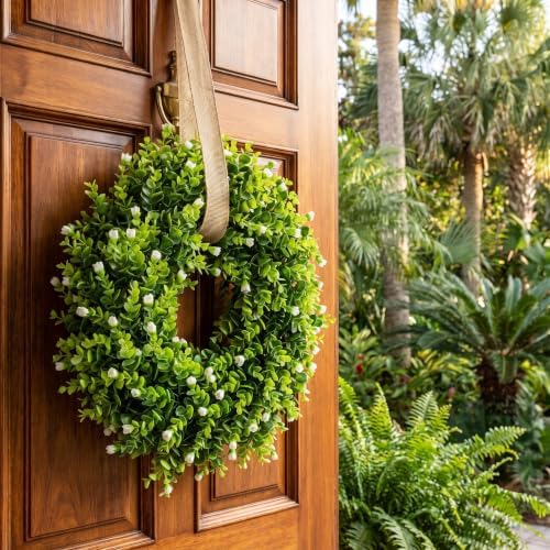 20" Boxwood Wreath for Front Door, Everyday Green Wreath with White Flowers - Image 2