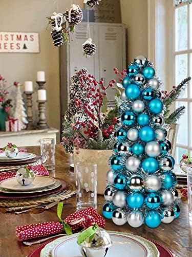 16" Small Christmas Tree, Mini Tabletop Xmas Tree with 94 Shatterproof Christmas Ornaments Balls for Christmas Decorations Holiday Party Centerpiece -Teal Silver - Image 5