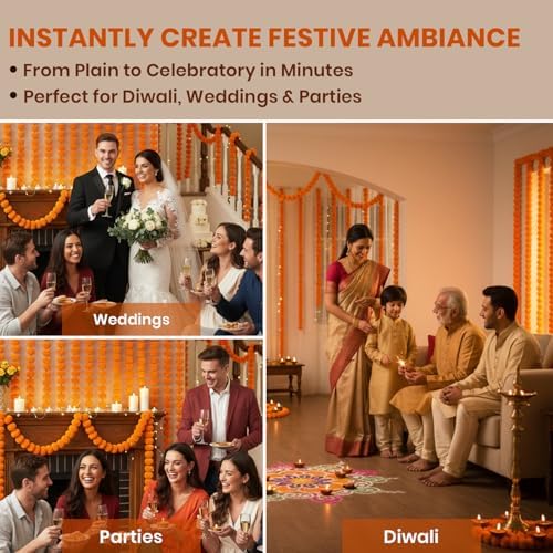 SATVIK Set of 12 Artificial Marigold Flower Garlands (60 Inch Each) – Faux Orange Floral Strings for Home, Wedding, Festival, Wall, Entryway, Indoor Outdoor Decorations - Image 3