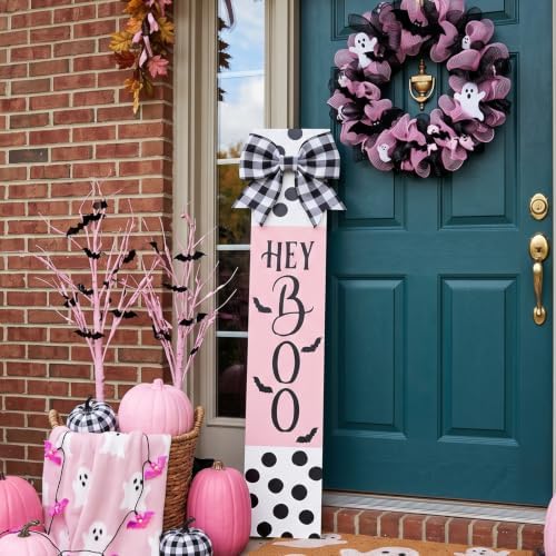 Pinkunn Pink Halloween Boo Porch Decor 47.2" Wood Sign with Large Bow - Image 4