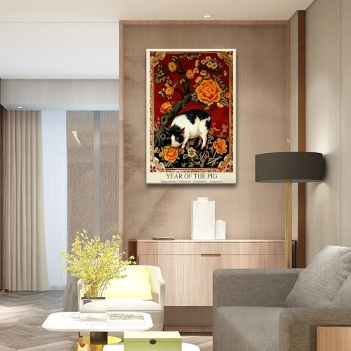 Chinese Lunar Year of the Pig Art Print – Traditional Red Oriental Home Decor Posters with Orange Peony Pattern for Lunar New Year Wall Art 20X30 in Black Framed - Image 7