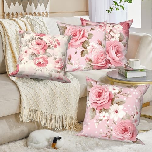 Rose Flowers Pillow Covers Pink Floral Green Leaves Set of 4 Blooming Peony Bouquet Retro Vintage Romantic Square Linen Pillowcases for Outdoor Couch Sofa Bedroom Patio Farmhouse 22x22Inch - Image 4