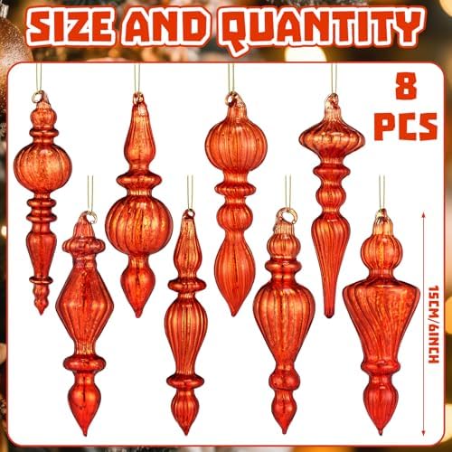 Mifoci 8 Pcs 6 Inch Mercury Glass Finial Christmas Ornaments,Copper Orange - Image 2