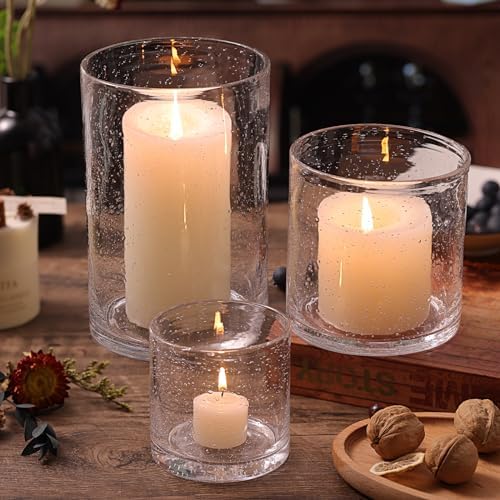 NITIME Hurricane Candle Holder Set of 3 Clear Candle Holders for Pillar Candles, Seeded Bubbles Glass Candle Holder for table centerpiece, Glass Cylinder Vases for Home, Patio and Wedding 8"4.7"3.5"H by NITIME