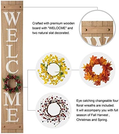 Glitzhome 60”H Welcome Sign with 4 Interchangeable Floral Wreaths for Front Door Porch Farmhouse Wooden Hanging Wall Sign for Seasons Spring Fall Harvest Thanksgiving Christmas - Image 3