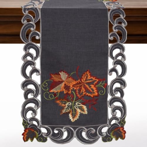 DECOZEN Charcoal Gray Christmas Table Runner – Embroidered Dining & Dresser Decor Scarf for Holiday Tables, Weddings & Parties – 14 x 108 in Elegant European Charcoal Fleur Collection Gift Idea by Decozen