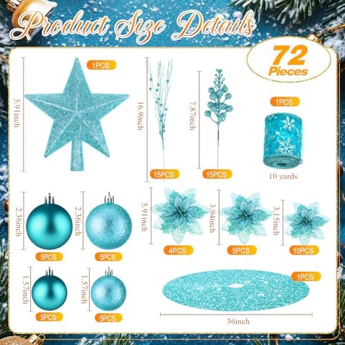 Realspring 72 Pieces Christmas Tree Ornament Set Xmas Assorted Decorations Bulk Glitter Poinsettia Berry Picks Topper Star Sequin Tree Skirts for Home Wreaths Holiday Party Favors (Turquoise) - Image 2