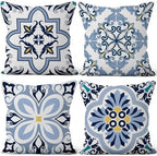 Blue Flowers Geometry Throw Pillow Covers 24"x24" Set of 4, Bohemian Abstract Floral Throw Pillow Cases Moroccan Sofa Cushion Covers for Couch Chair Patio Home Indoor Outdoor Decorative by VieSavaran
