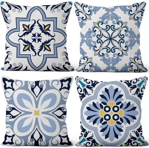 Blue Flowers Geometry Throw Pillow Covers 24"x24" Set of 4, Bohemian Abstract Floral Throw Pillow Cases Moroccan Sofa Cushion Covers for Couch Chair Patio Home Indoor Outdoor Decorative by VieSavaran