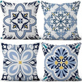 Blue Flowers Geometry Throw Pillow Covers 26"x26" Set of 4, Bohemian Abstract Floral Throw Pillow Cases Moroccan Sofa Cushion Covers for Couch Chair Patio Home Indoor Outdoor Decorative by VieSavaran