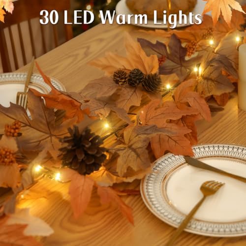 2 Pack 9 Ft Fall Garland with Lights & Timer, Thanksgiving Mantel Decor - Image 3