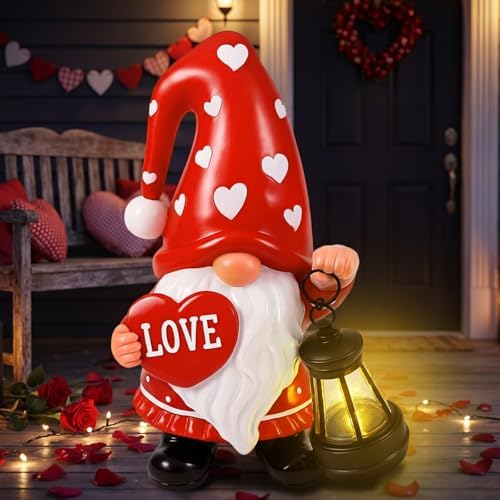 Retisee Solar Valentine's Day Garden Statue Resin Gnome Statue with Hearts LED Lights Outdoor Love Solar Light Figurine Decoration for Yard Patio Lawn Gift for Valentine's Day Anniversary by Retisee