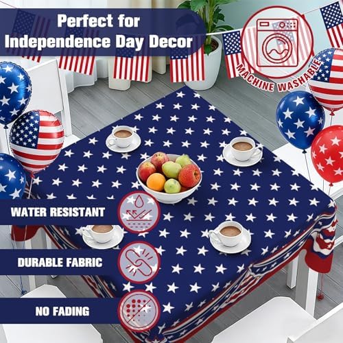 Square 4th of July Tablecloth 60x60 Inch, Patriotic Red White and Blue Table Cloth, Polyester Waterproof Wrinkle Resistant Independence Day Table Cover for Memorial Day Decorations Decor - Image 5