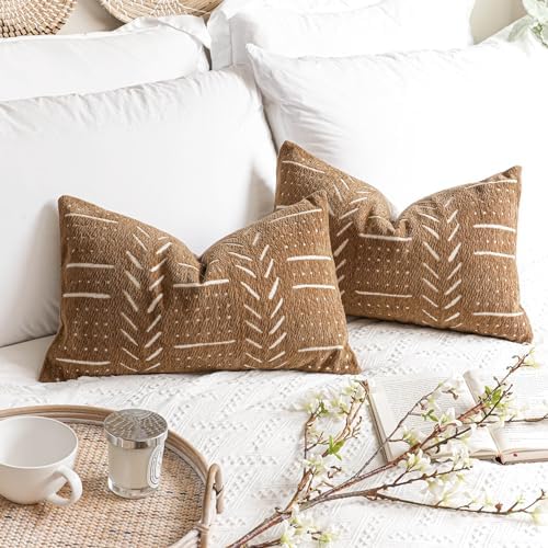 BlissBlush Decorative Lumbar Throw Pillow Covers 12X20 Set of 2, Brown Boho Farmhouse Cushion Cover, Soft Accent Pillowcase for Couch Sofa Bed Living Room Home Décor by BlissBlush