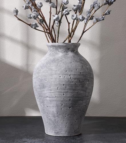 Ceramic Flower Vase Home Decor, 9 in Farmhouse Table Vases Rustic Vintage Living Room Kitchen Bedroom Pottery Decorative Vases for Flowers House Book Shelf Office Coffee Desk Dining Entryway, Grey by FancyPlus