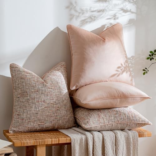 a moment Light Pink 4 Pack Throw Pillow Covers - Chenille & Velvet Set with Piping, Farmhouse Textured Design Pillow Cases for Couch Sofa Bed Livingroom (18x18 Inch, No Insert) - Image 3