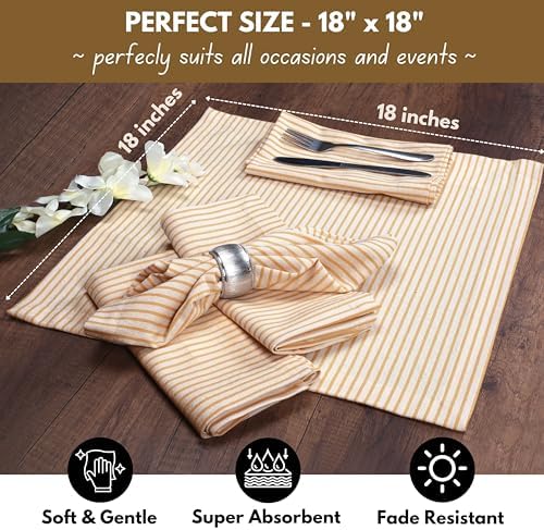 Native Fab Cloth Napkins 18x18 inches, 100% Cotton Vintage Stripped Dinner Napkins, Set of 12, Soft Breathable Absorbent, Machine Washable Cloth Napkins, Yellow Beige - Image 3