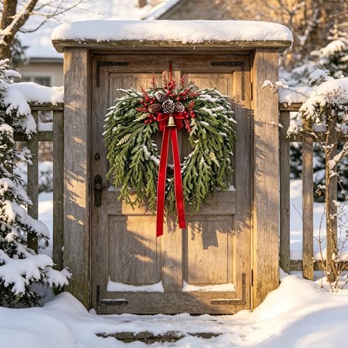24 Inch Christmas Wreath for Front Door - Artificial Cedar Winter Wreath with Red Velvet Bow, Golden Bell, Pinecones & Red Berries, Farmhouse Holiday Wreath for Indoor Outdoor Christmas Decorations - Image 3