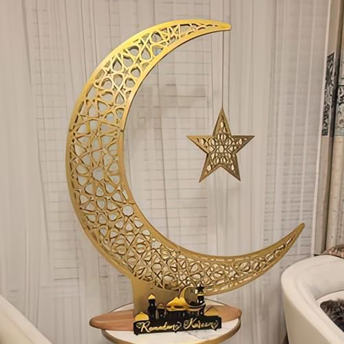 iwa concept Metal Crescent Islamic Decor, Moon and Star Ramadan Art, Islamic Table Top Decoration Gift for Muslims in Ramadan Eid (102 x 86 cm | 40.2 x 33.9 inches | Large) by iwaconcept